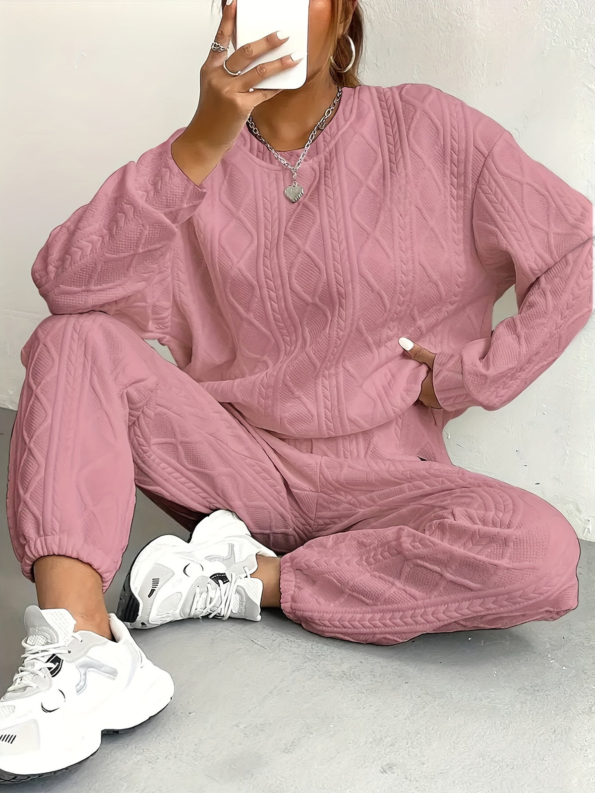Jacquard Cable-Knit 2 Piece Set Women Round Neck Sweatshirt and Trousers Matching Outfit - Loose Fit Fall Winter Co-ord