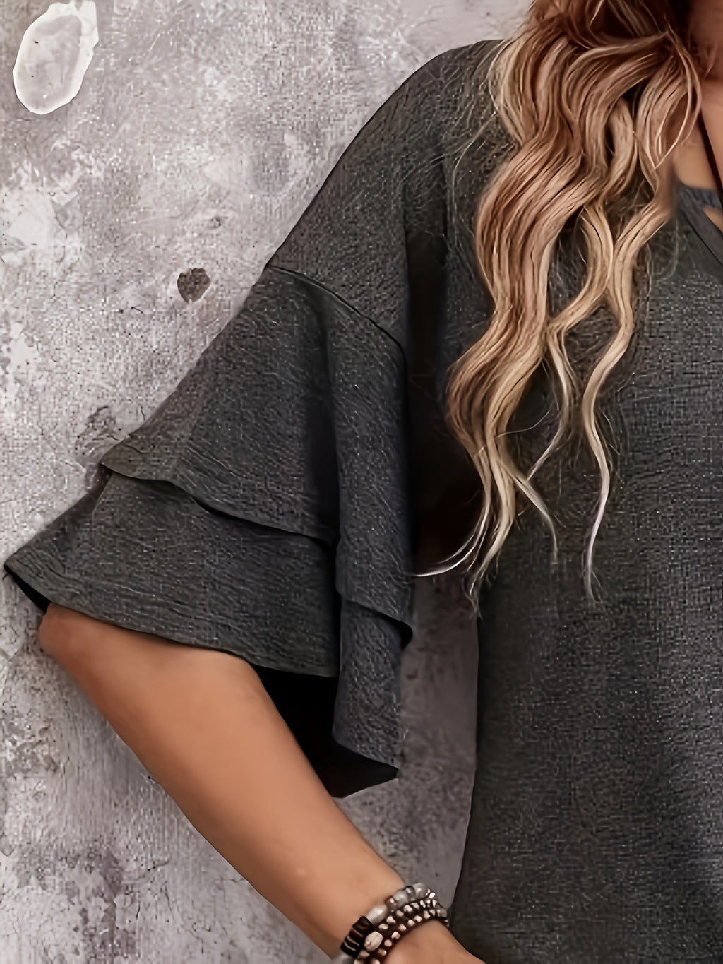Ruffle Sleeve V-Neck Top Women Layered Tiered Split Back Cross Front Casual Blouse Lightweight Breathable Spring Summer Fall S-XXL