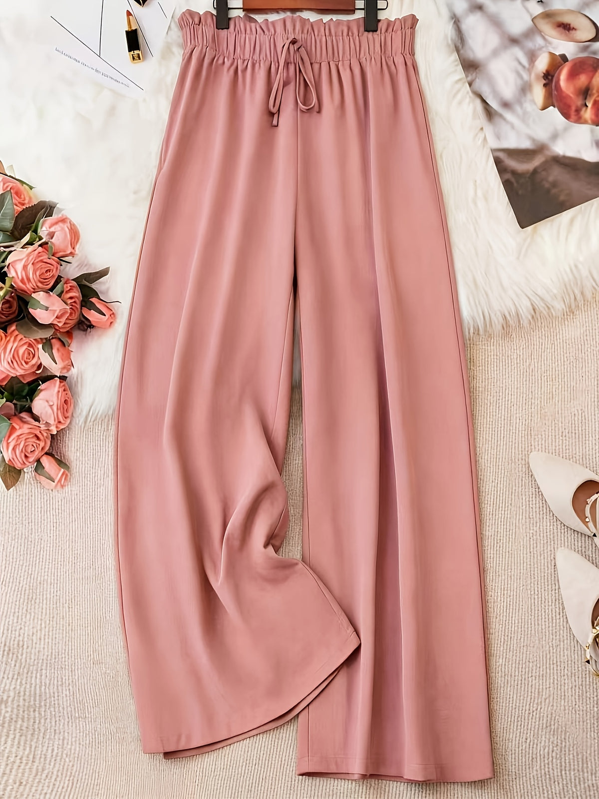 Solid Color Wide Leg Pants for Women – Elastic Waist Loose Fit Trousers with Pockets, Non-Transparent Breathable Fabric Casual Outdoor All-Season Machine Washable Comfortable Bottoms S-XXL