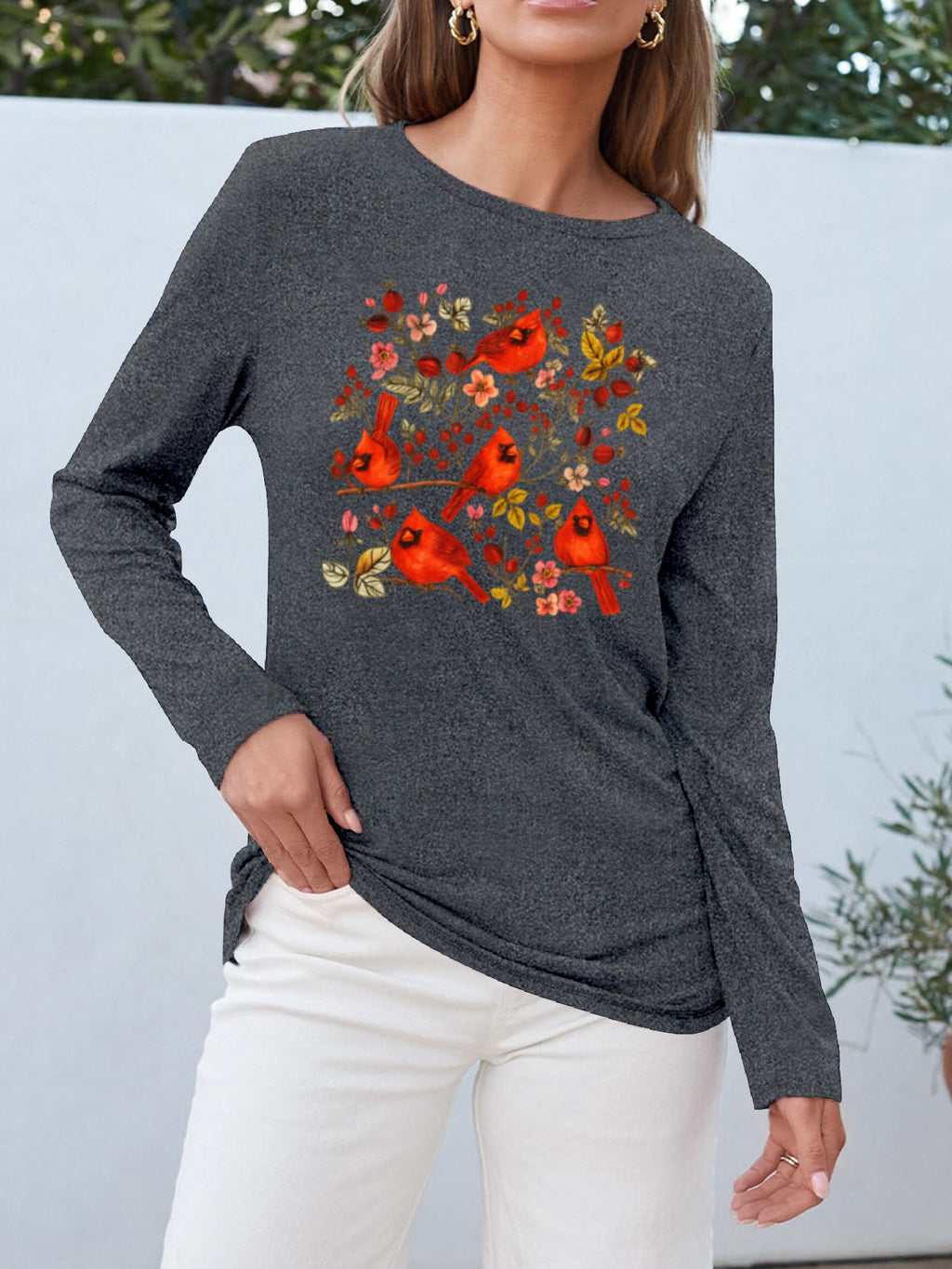 Magpie Floral Print Long Sleeve T-Shirt Women Casual Round Neck Graphic Tee Spring Summer Fall Knit Top
