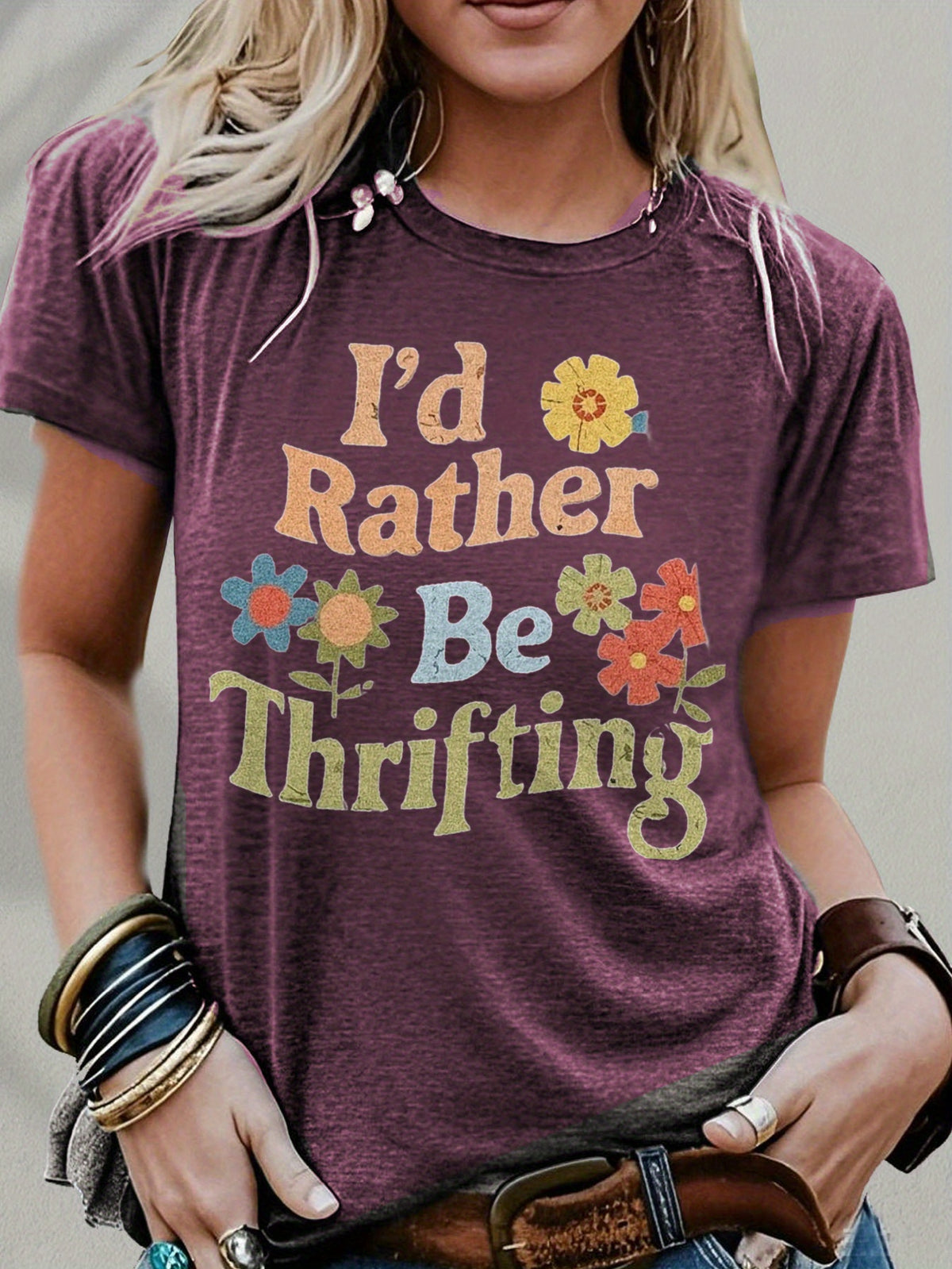 Women's 'I'd Rather Be Thrifting' Graphic Tee Vintage Crew Neck Short Sleeve Casual T-Shirt Navy Red S-XXL