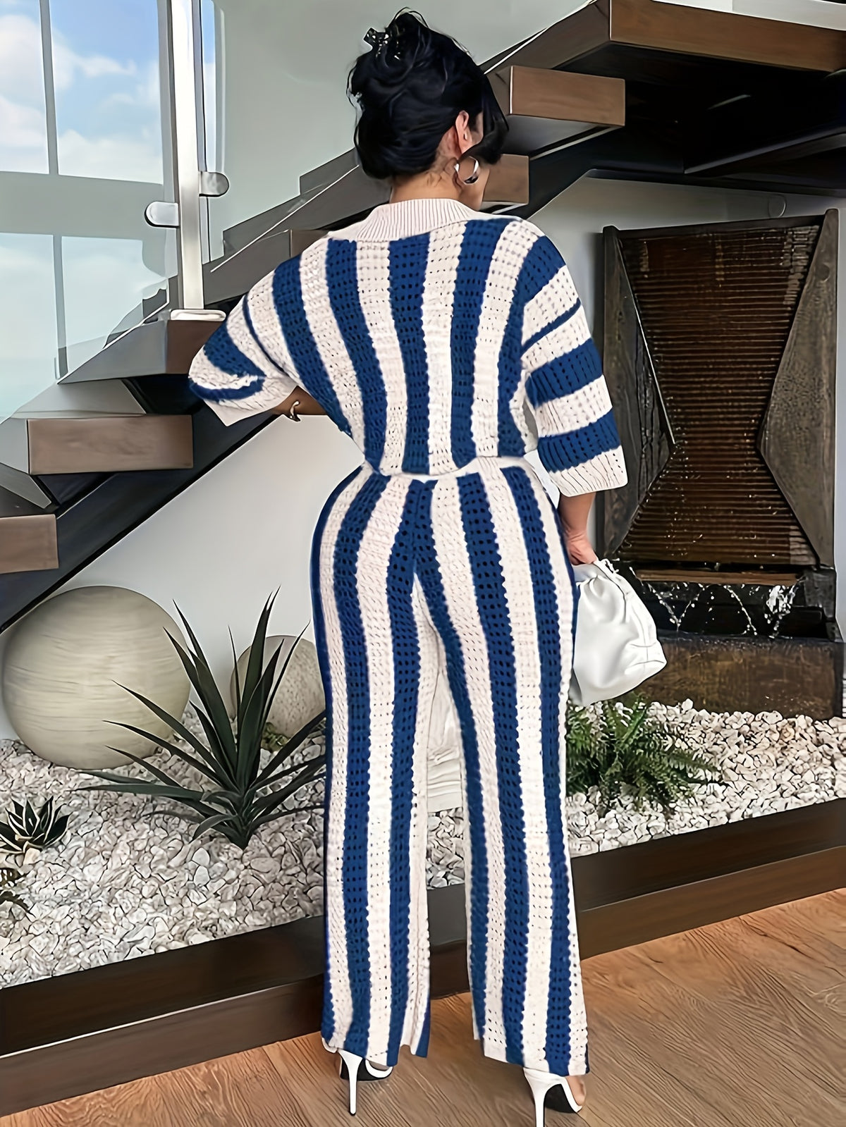 Striped Eyelet Pantsuit Women 3/4 Sleeve Button-Front Loose Top + Wide-Leg Pants Two-Piece Set | Casual Chic Outfit for Spring Summer Work Leisure