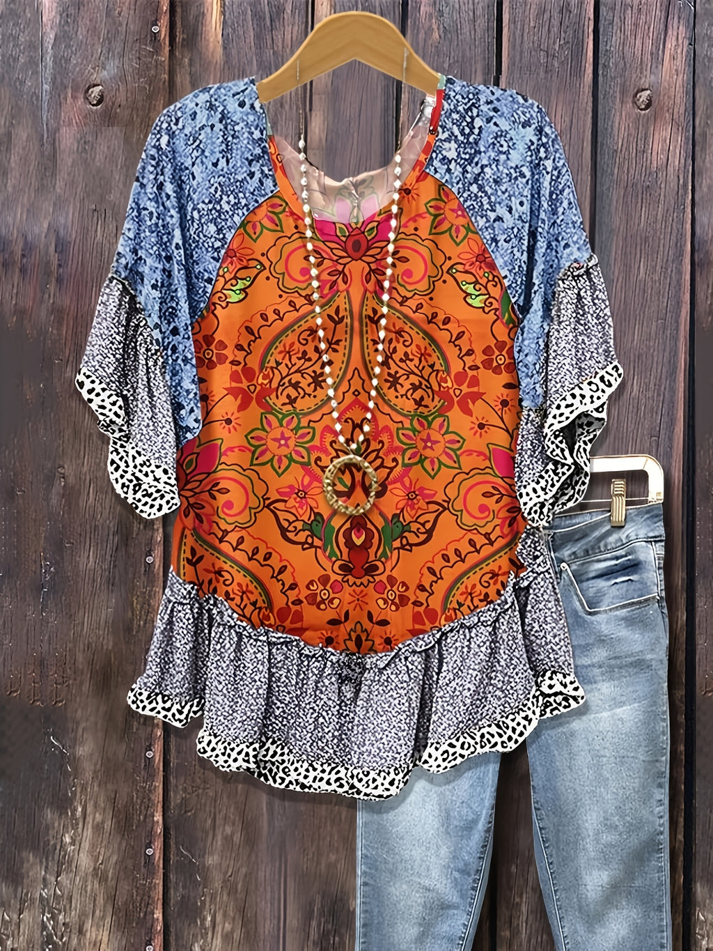 Vintage Floral Leopard Print Loose Blouse Top Women Ruffle Patchwork Cuffs Hem Casual Long Sleeve Shirt Women's Clothing