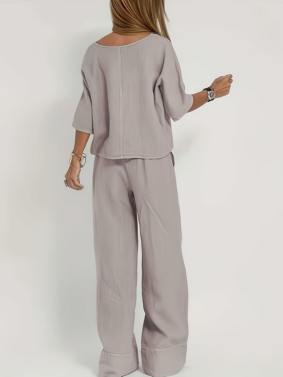 Women Elegant 2 Piece Set Short Sleeve Top High Waist Pants Suit Solid Color Matching Outfit Business Casual Chic Co-ord for Work Summer Spring