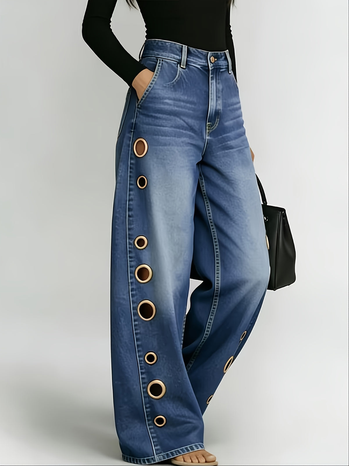 High Waist Wide Leg Jeans Women Retro Metal Eyelet Denim Pants Loose Casual Street Style Y2K Cool Streetwear