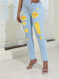 Ripped Skinny Jeans for Women – Distressed Stretch Denim with Yellow Detail, Waist Stretch Fit, Sizes S-XXL