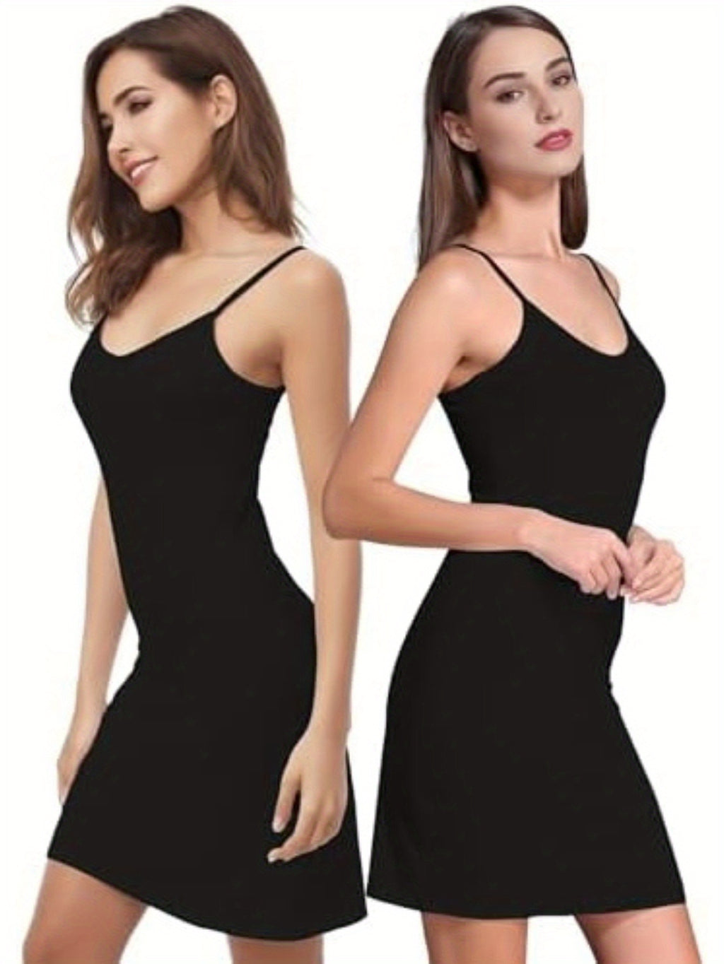 2 Pack Slip Dress for Women Spaghetti Strap V-Neck Cami Full Slip Adjustable Suspender Dress Layering Under Dress Soft Stretchy Casual