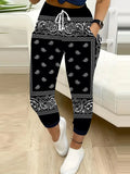 Paisley Wide Leg Pants for Women – Ethnic Bohemian Black White Houndstooth Print, Elastic Waistband Cuffed Trousers, Indian Bollywood Style Casual Loose Fit Machine Washable Bottoms S-XXL