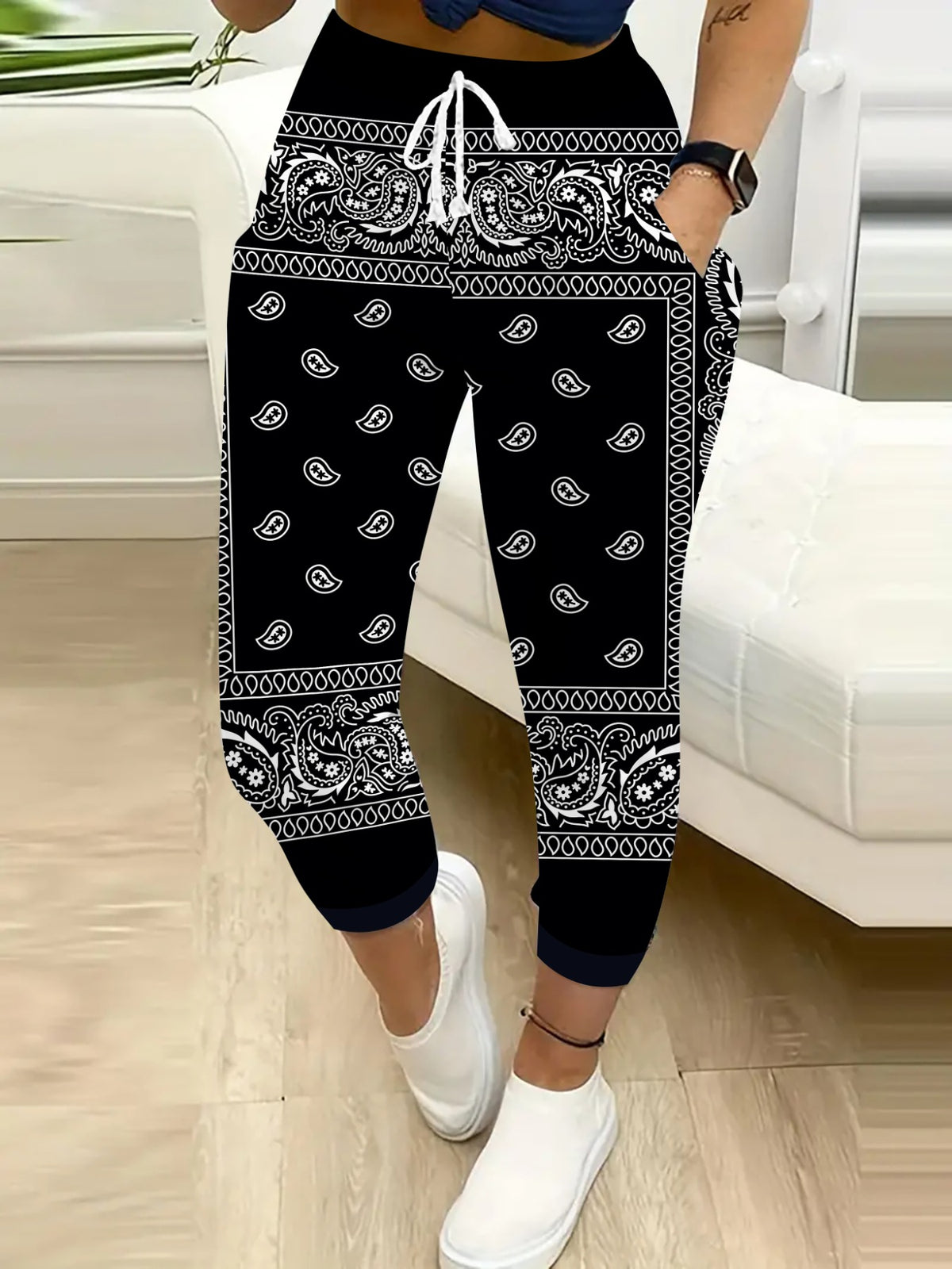 Paisley Wide Leg Pants for Women – Ethnic Bohemian Black White Houndstooth Print, Elastic Waistband Cuffed Trousers, Indian Bollywood Style Casual Loose Fit Machine Washable Bottoms S-XXL