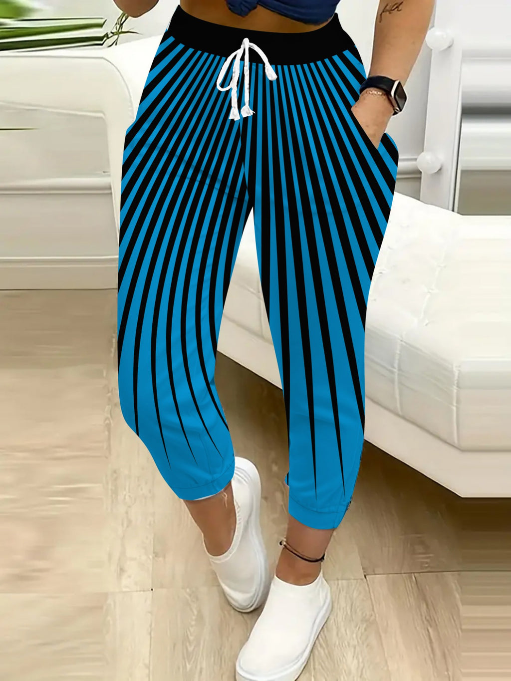 Stripe Tapered Pants for Women Elastic Waist Cuff Casual Summer Trousers Vertical Stripe Beach Office Vacation Lightweight