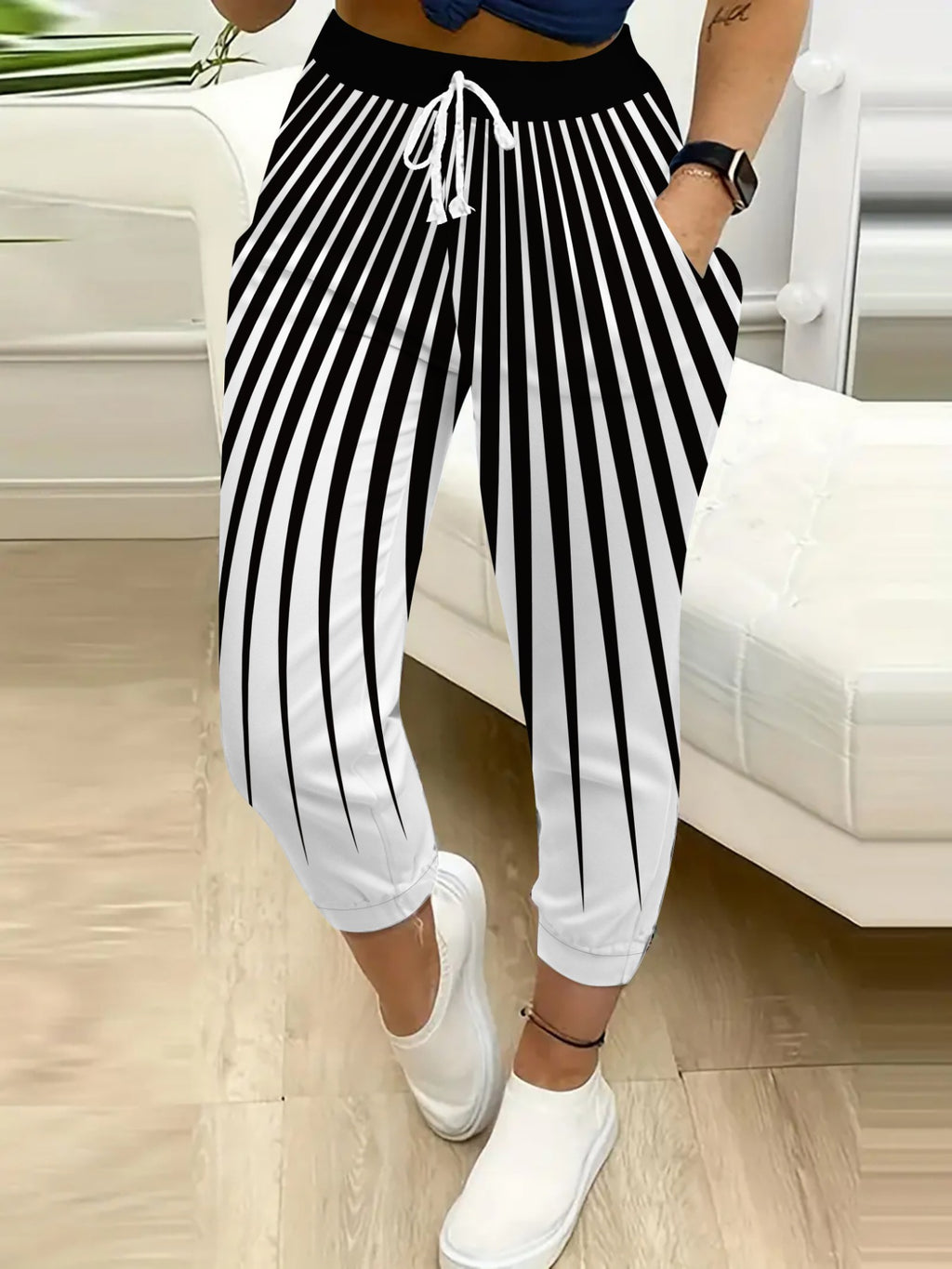 Stripe Tapered Pants for Women Elastic Waist Cuff Casual Summer Trousers Vertical Stripe Beach Office Vacation Lightweight