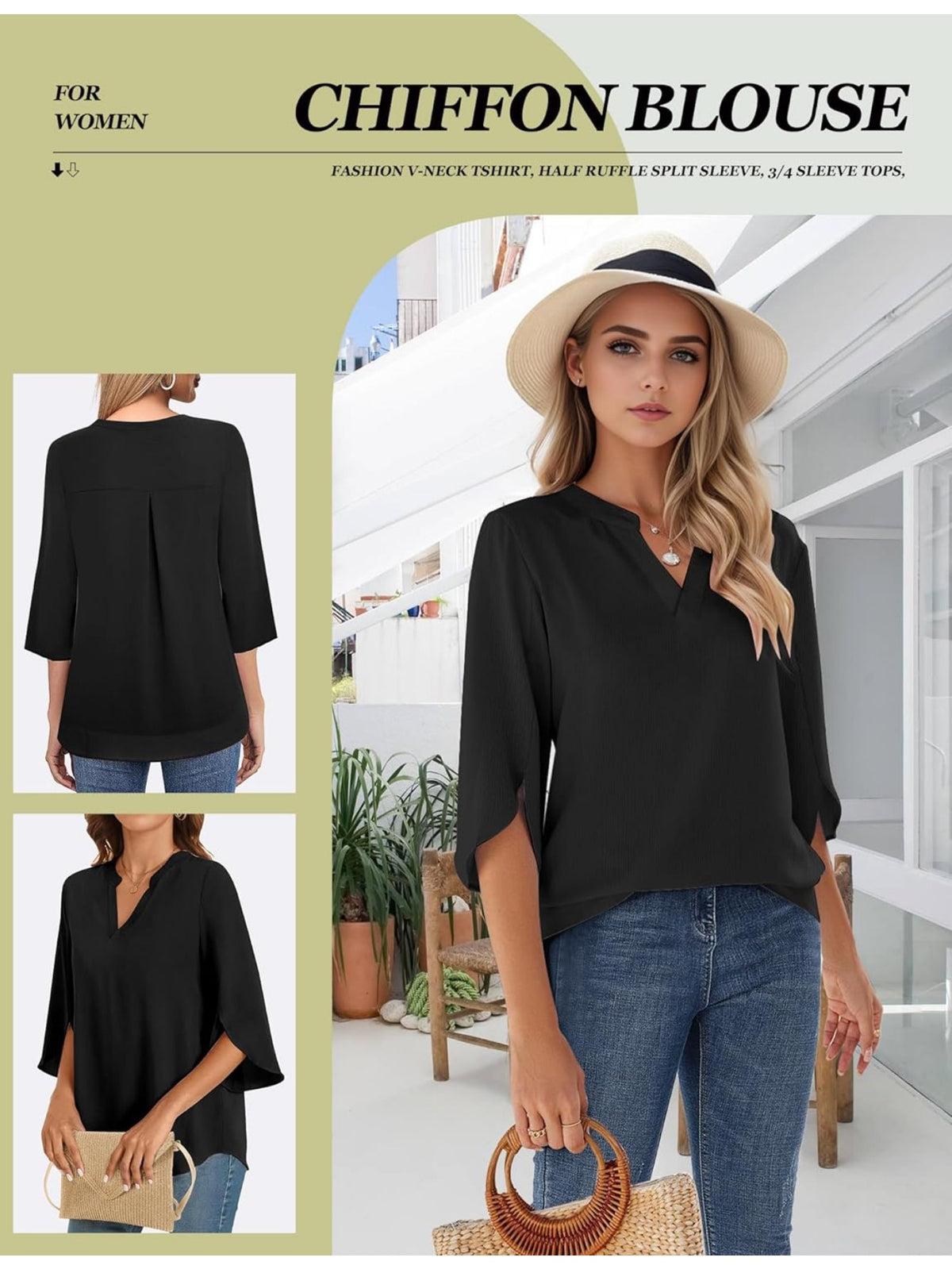 Chiffon Ruffle Blouse Women 3/4 Sleeve V-Neck Double Layer Loose Fit Casual Flowy Lightweight Top for Women