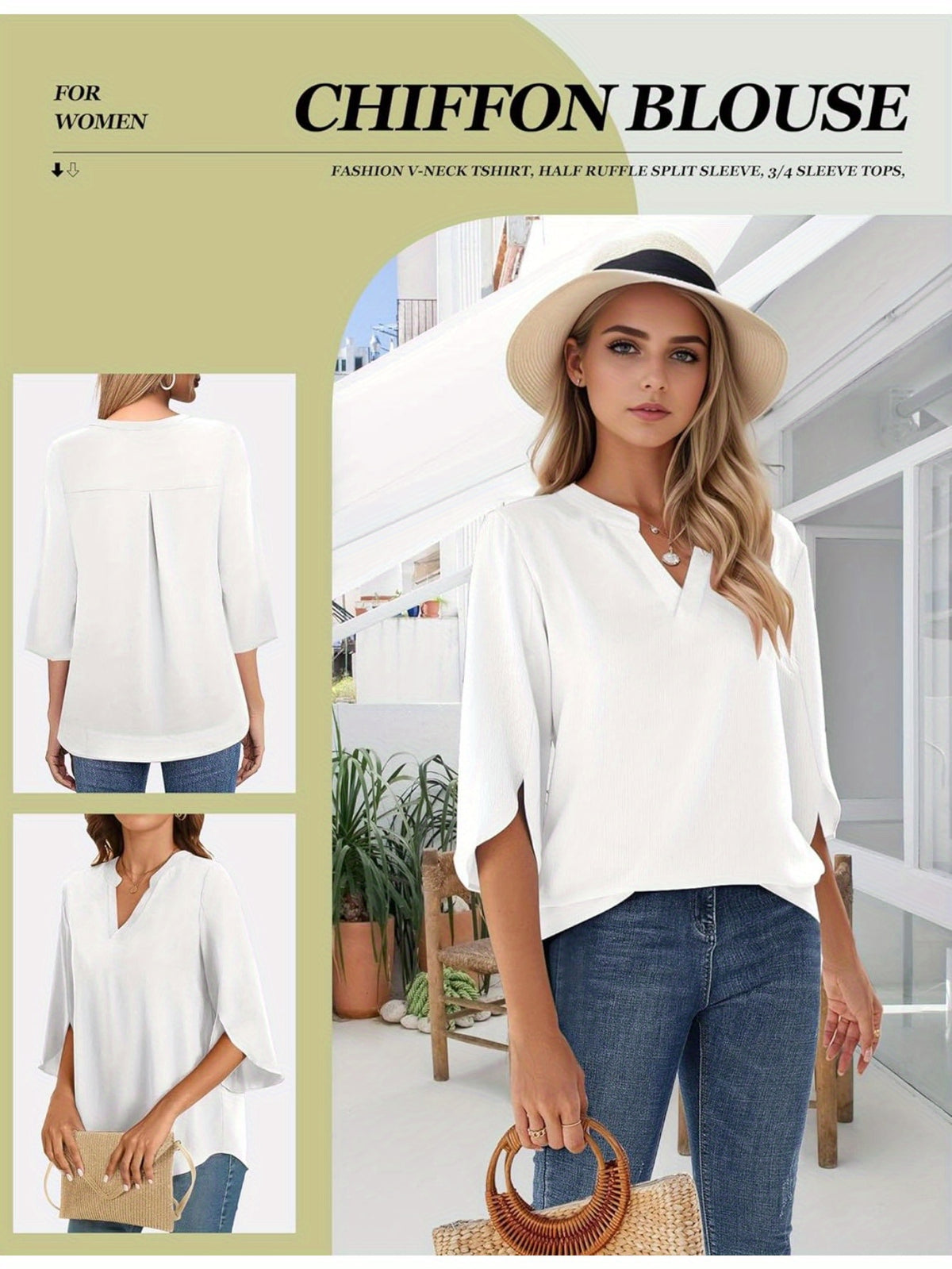 Chiffon Ruffle Blouse Women 3/4 Sleeve V-Neck Double Layer Loose Fit Casual Flowy Lightweight Top for Women