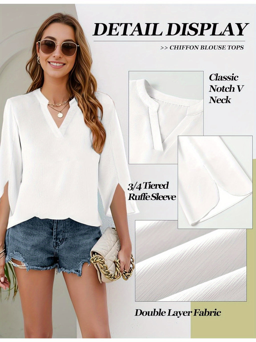 Chiffon Ruffle Blouse Women 3/4 Sleeve V-Neck Double Layer Loose Fit Casual Flowy Lightweight Top for Women