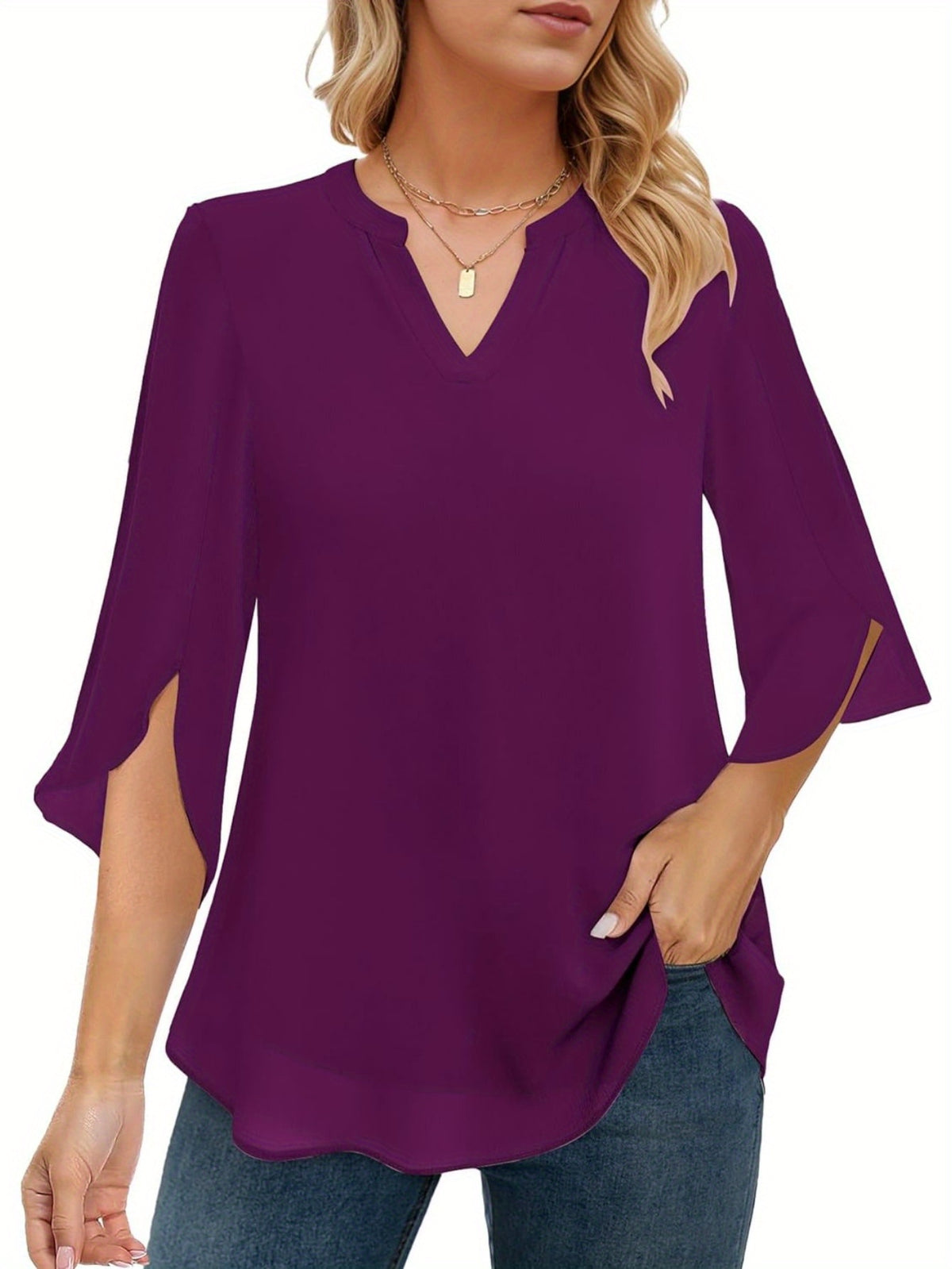 Chiffon Ruffle Blouse Women 3/4 Sleeve V-Neck Double Layer Loose Fit Casual Flowy Lightweight Top for Women