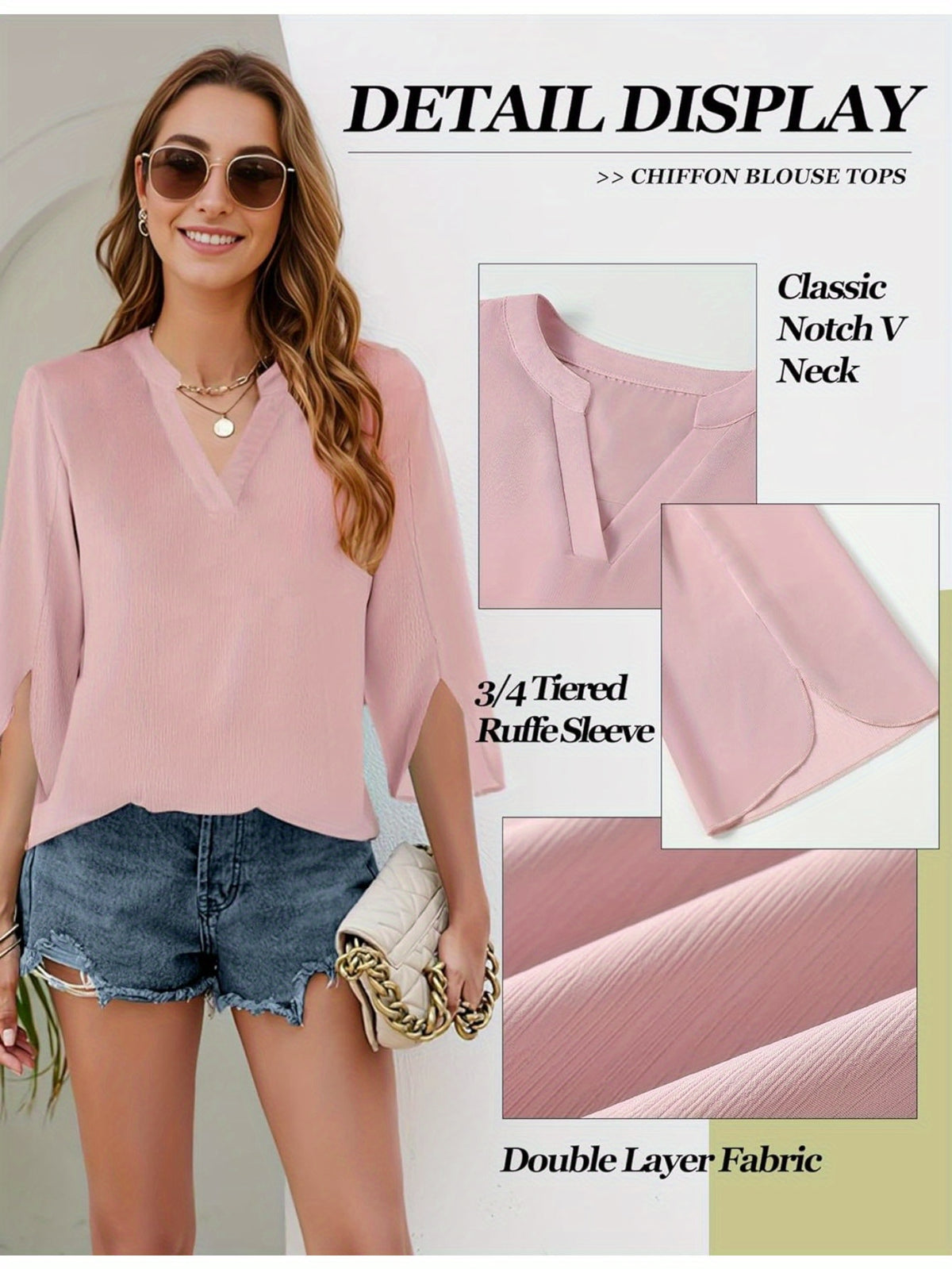 Chiffon Ruffle Blouse Women 3/4 Sleeve V-Neck Double Layer Loose Fit Casual Flowy Lightweight Top for Women