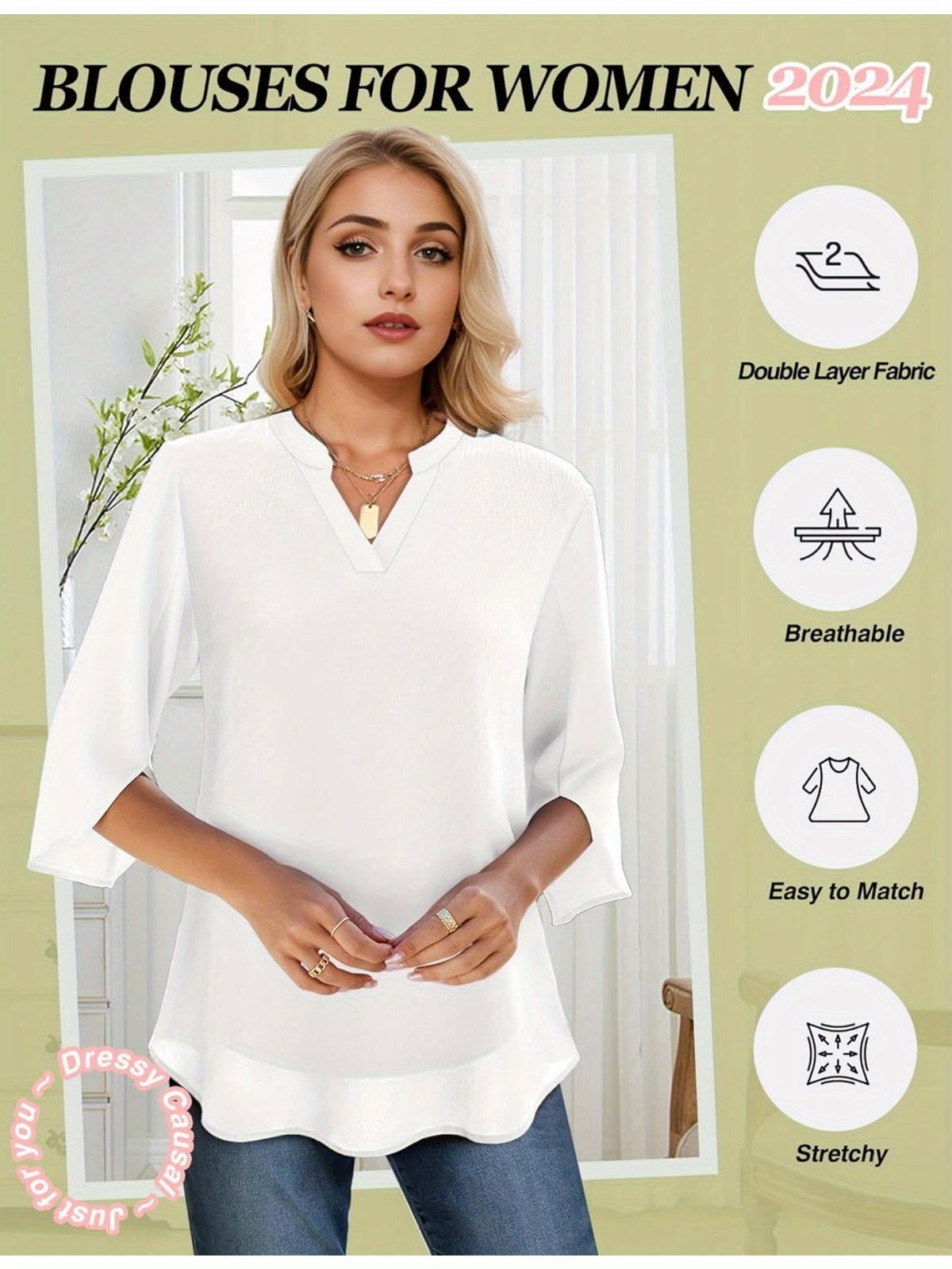 Chiffon Ruffle Blouse Women 3/4 Sleeve V-Neck Double Layer Loose Fit Casual Flowy Lightweight Top for Women