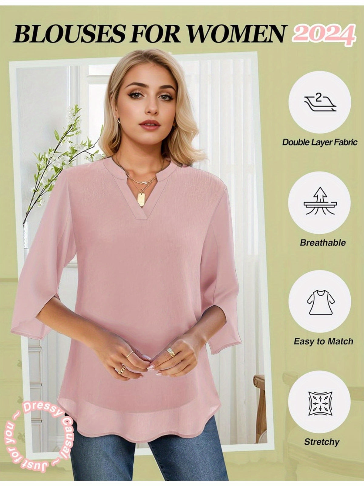 Chiffon Ruffle Blouse Women 3/4 Sleeve V-Neck Double Layer Loose Fit Casual Flowy Lightweight Top for Women