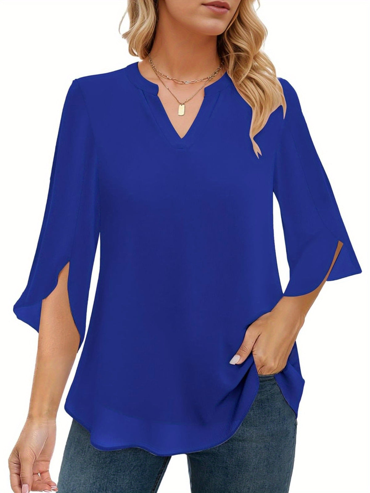 Chiffon Ruffle Blouse Women 3/4 Sleeve V-Neck Double Layer Loose Fit Casual Flowy Lightweight Top for Women