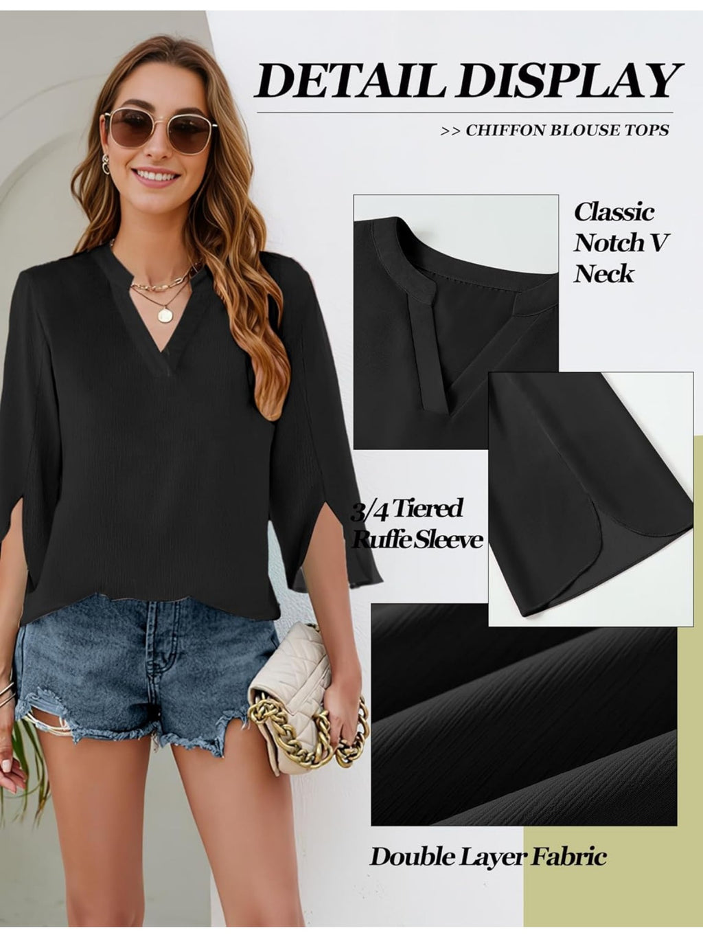 Chiffon Ruffle Blouse Women 3/4 Sleeve V-Neck Double Layer Loose Fit Casual Flowy Lightweight Top for Women
