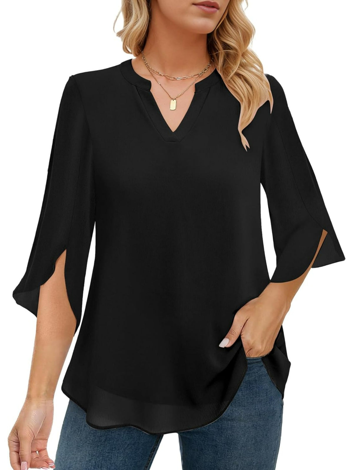 Chiffon Ruffle Blouse Women 3/4 Sleeve V-Neck Double Layer Loose Fit Casual Flowy Lightweight Top for Women