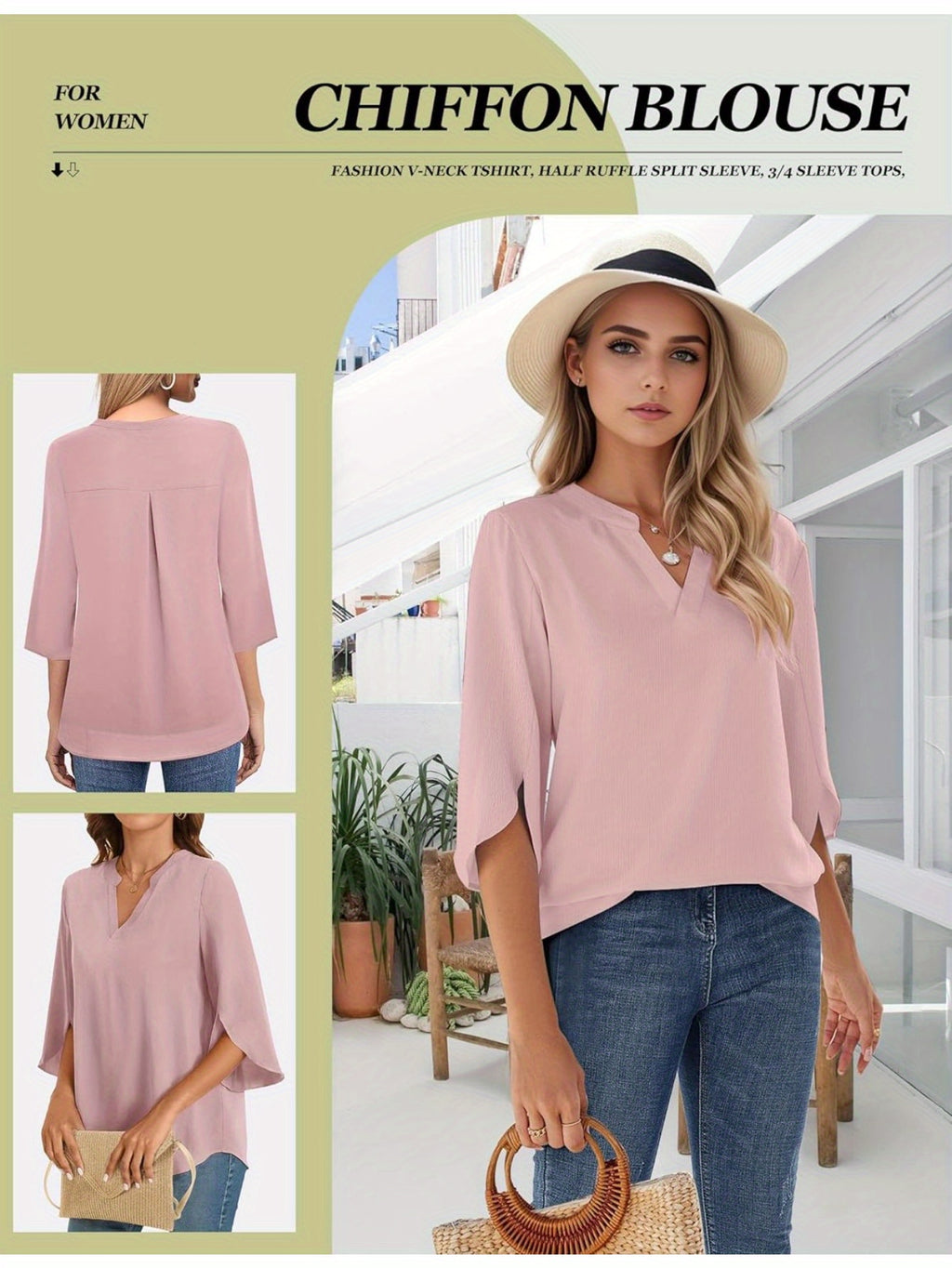 Chiffon Ruffle Blouse Women 3/4 Sleeve V-Neck Double Layer Loose Fit Casual Flowy Lightweight Top for Women