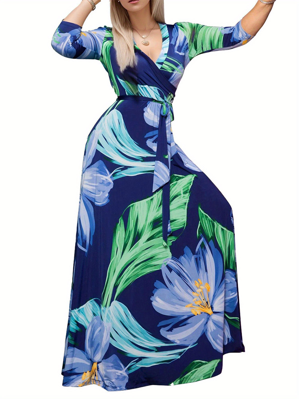 V-Neck Tie Waist Pocket Dress Women Three Quarter Sleeve Print Casual Tunic Dress Everyday Relaxed Fit Spring Summer Dress S-XXL