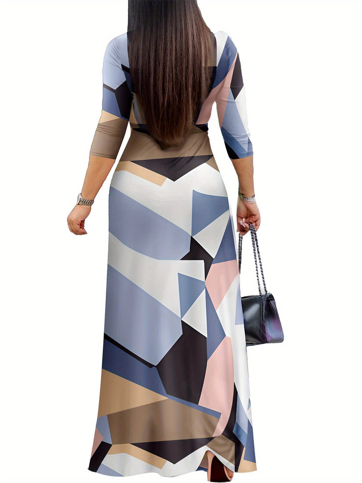 V-Neck Tie Waist Pocket Dress Women Three Quarter Sleeve Print Casual Tunic Dress Everyday Relaxed Fit Spring Summer Dress S-XXL
