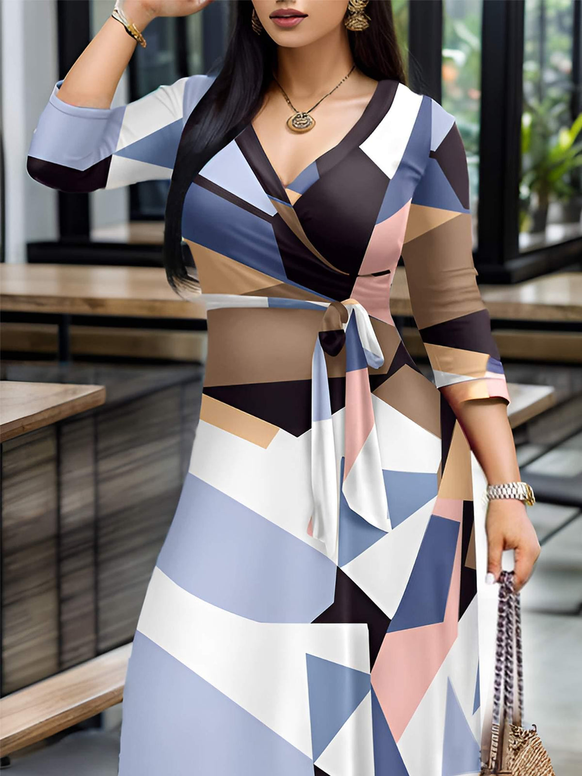 V-Neck Tie Waist Pocket Dress Women Three Quarter Sleeve Print Casual Tunic Dress Everyday Relaxed Fit Spring Summer Dress S-XXL