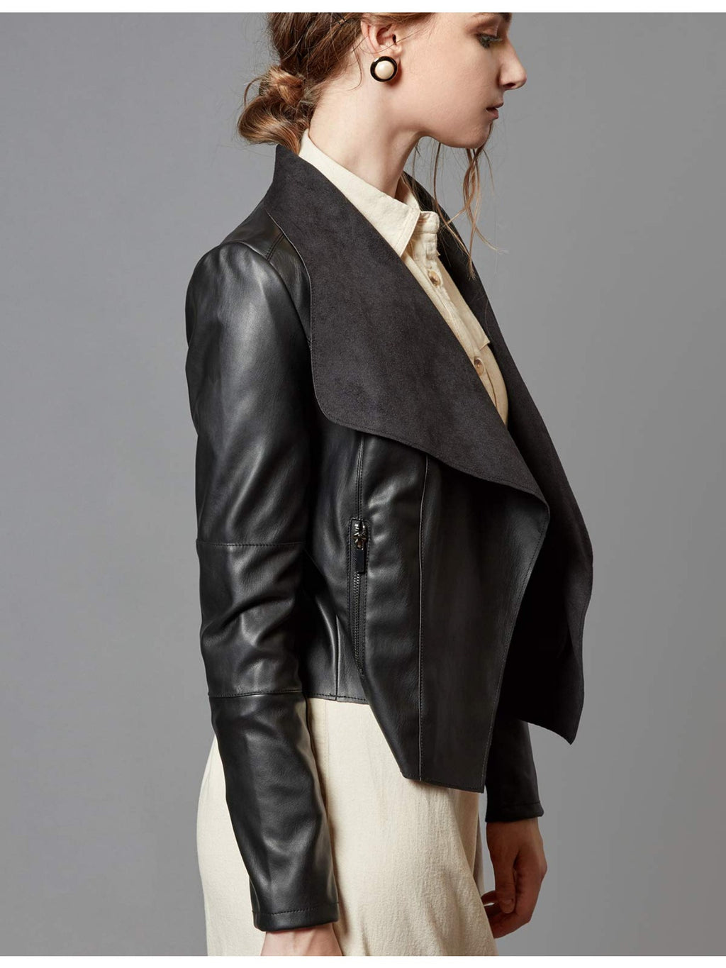 Slim Fit Faux Leather Blazer Women Open Front Lapel Jacket Coat Light Blue Chocolate Khaki Black Olive Green S-XL