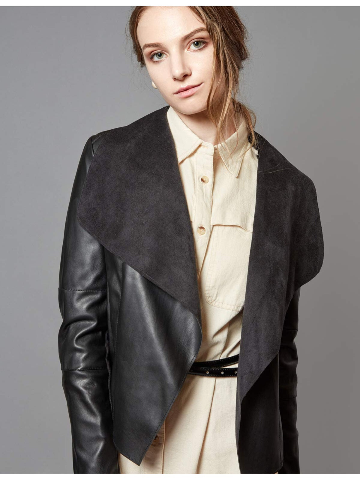 Slim Fit Faux Leather Blazer Women Open Front Lapel Jacket Coat Light Blue Chocolate Khaki Black Olive Green S-XL