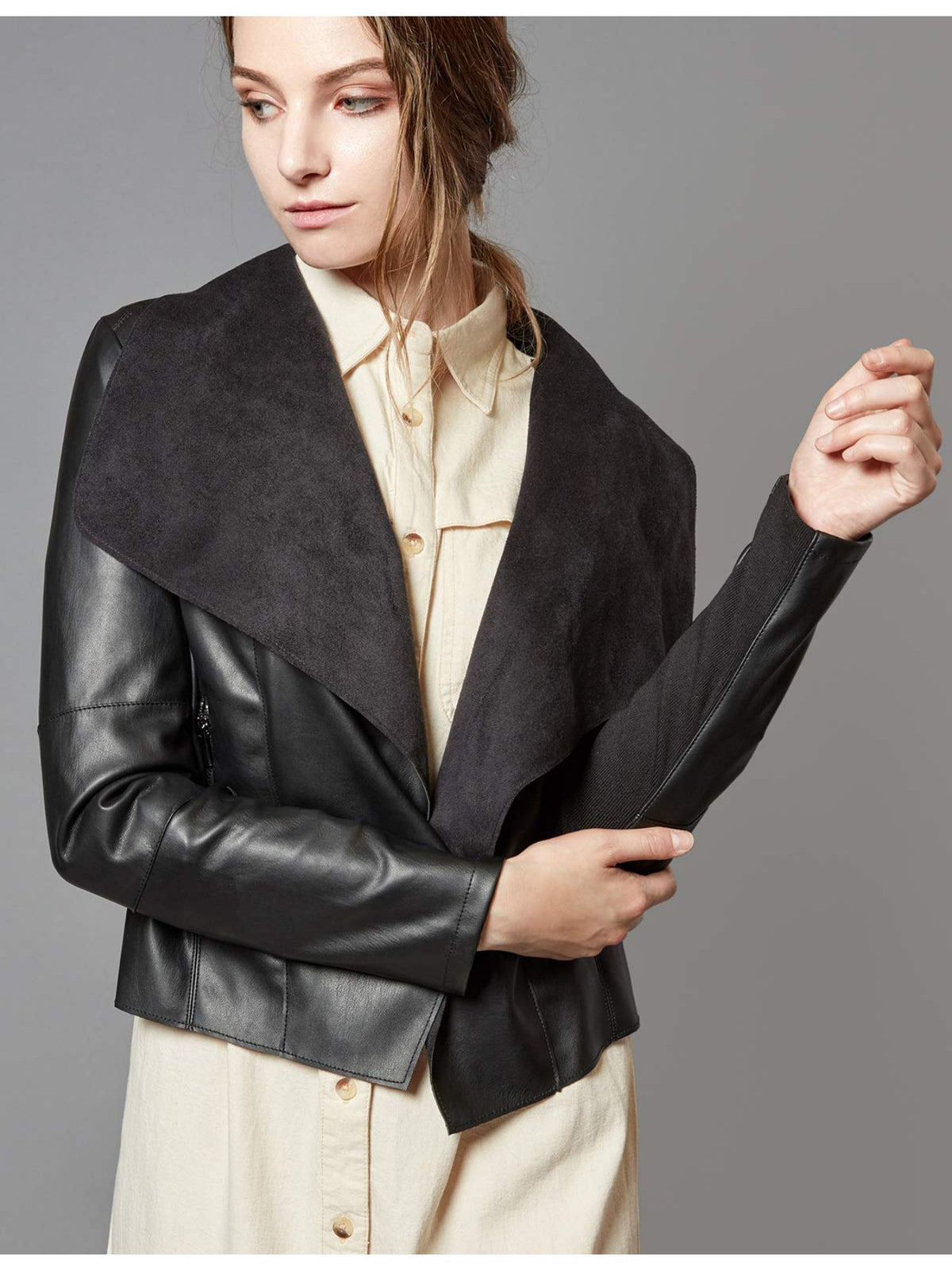 Slim Fit Faux Leather Blazer Women Open Front Lapel Jacket Coat Light Blue Chocolate Khaki Black Olive Green S-XL
