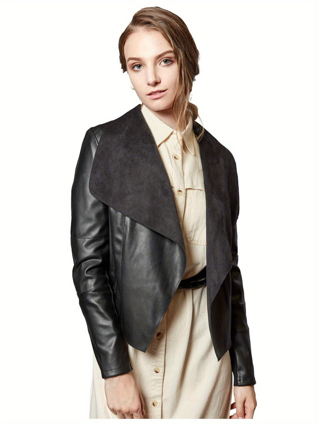 Slim Fit Faux Leather Blazer Women Open Front Lapel Jacket Coat Light Blue Chocolate Khaki Black Olive Green S-XL