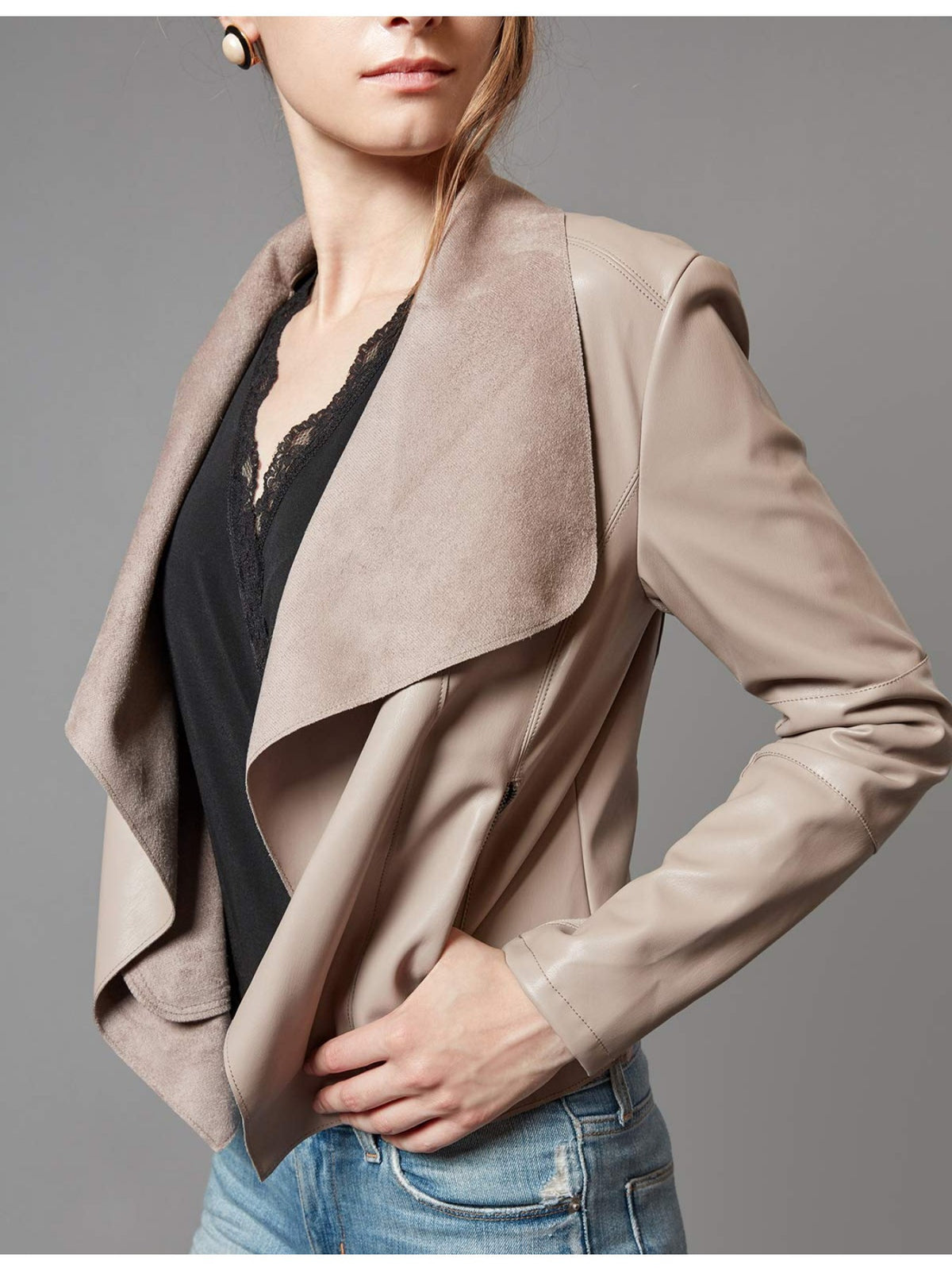 Slim Fit Faux Leather Blazer Women Open Front Lapel Jacket Coat Light Blue Chocolate Khaki Black Olive Green S-XL