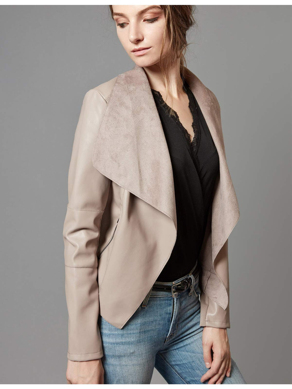 Slim Fit Faux Leather Blazer Women Open Front Lapel Jacket Coat Light Blue Chocolate Khaki Black Olive Green S-XL