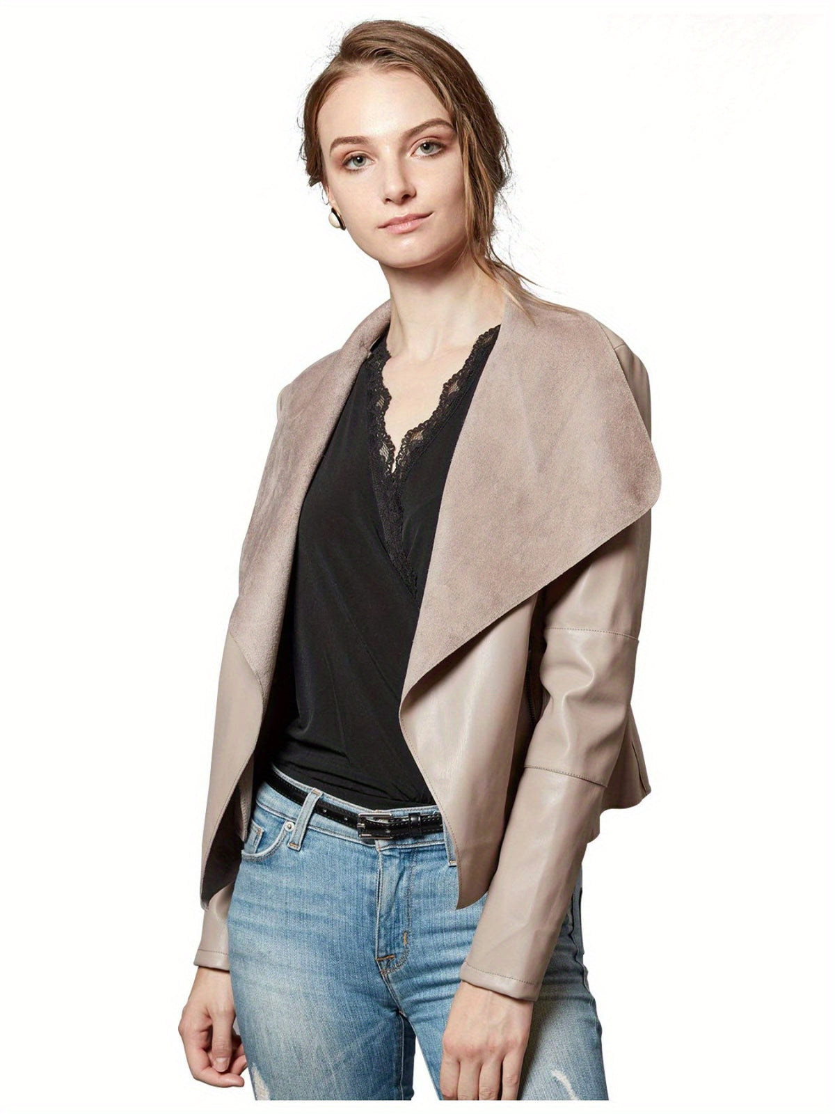 Slim Fit Faux Leather Blazer Women Open Front Lapel Jacket Coat Light Blue Chocolate Khaki Black Olive Green S-XL