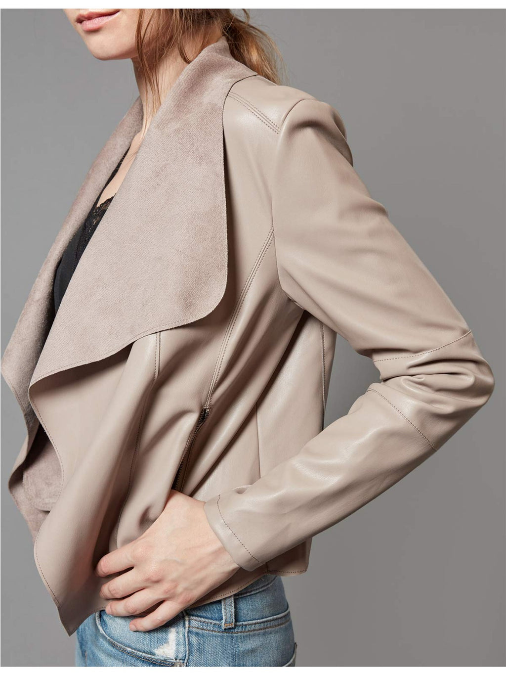 Slim Fit Faux Leather Blazer Women Open Front Lapel Jacket Coat Light Blue Chocolate Khaki Black Olive Green S-XL