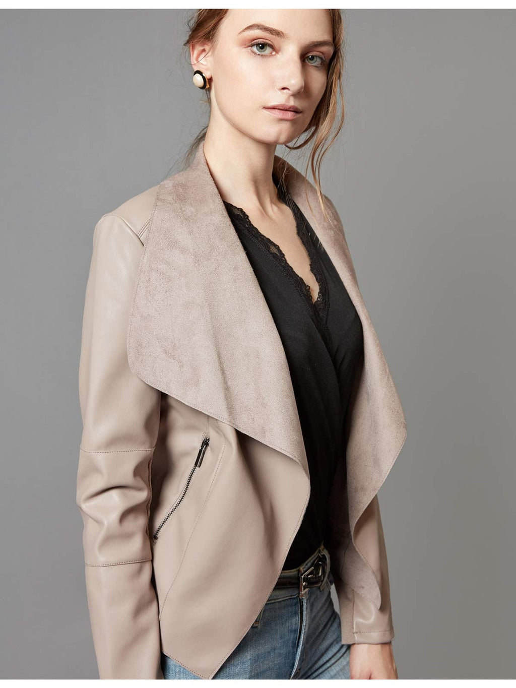 Slim Fit Faux Leather Blazer Women Open Front Lapel Jacket Coat Light Blue Chocolate Khaki Black Olive Green S-XL