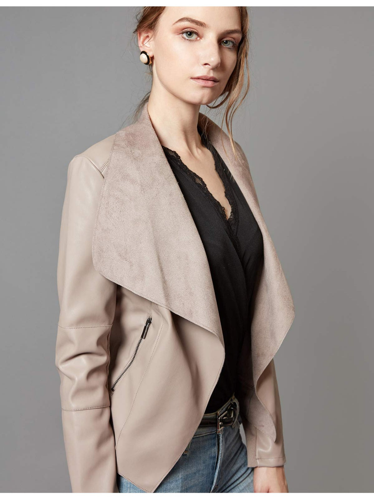 Slim Fit Faux Leather Blazer Women Open Front Lapel Jacket Coat Light Blue Chocolate Khaki Black Olive Green S-XL