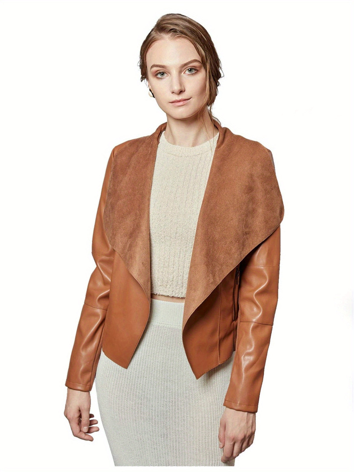 Slim Fit Faux Leather Blazer Women Open Front Lapel Jacket Coat Light Blue Chocolate Khaki Black Olive Green S-XL