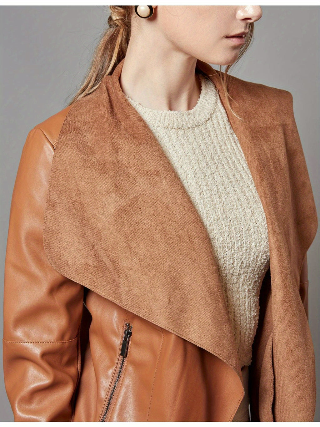 Slim Fit Faux Leather Blazer Women Open Front Lapel Jacket Coat Light Blue Chocolate Khaki Black Olive Green S-XL