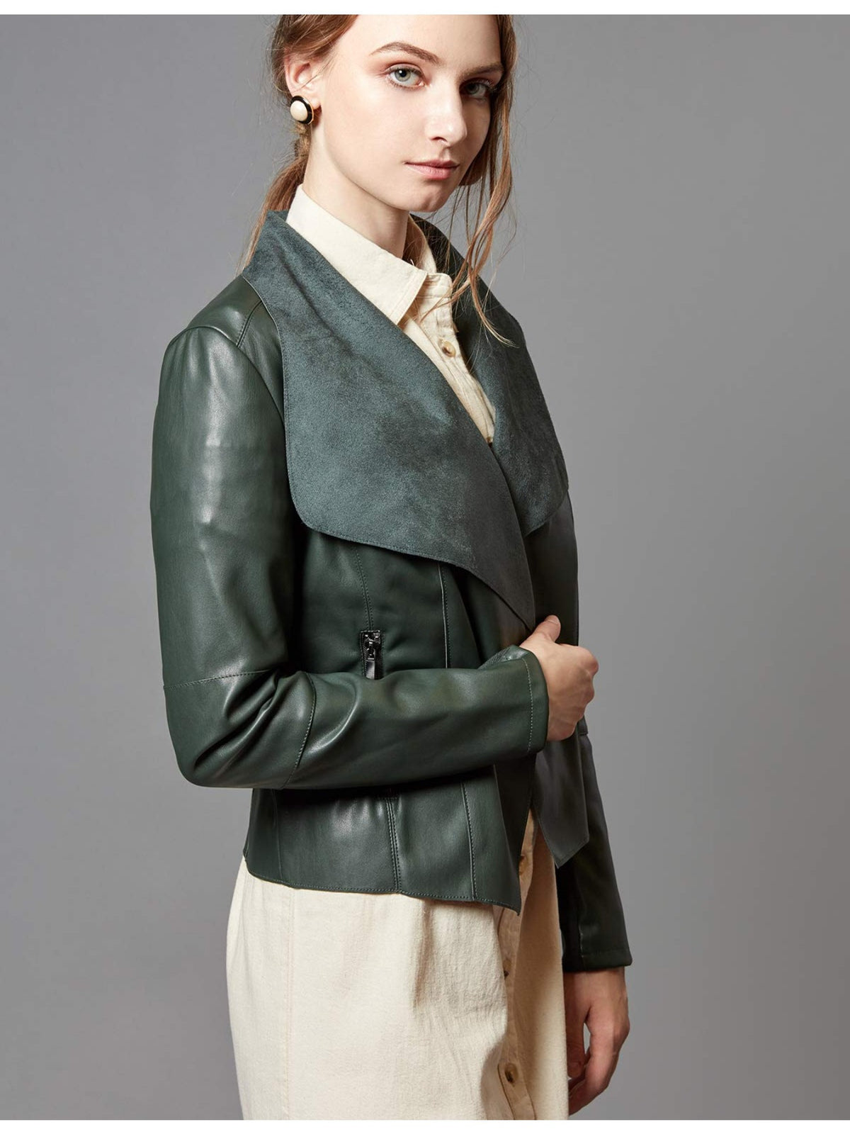 Slim Fit Faux Leather Blazer Women Open Front Lapel Jacket Coat Light Blue Chocolate Khaki Black Olive Green S-XL