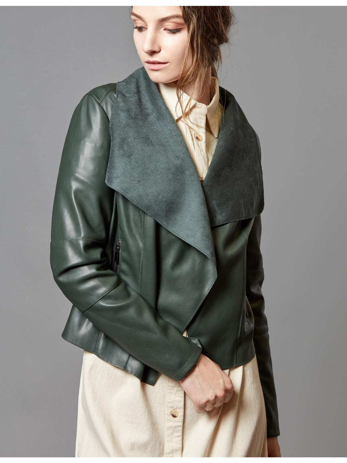 Slim Fit Faux Leather Blazer Women Open Front Lapel Jacket Coat Light Blue Chocolate Khaki Black Olive Green S-XL
