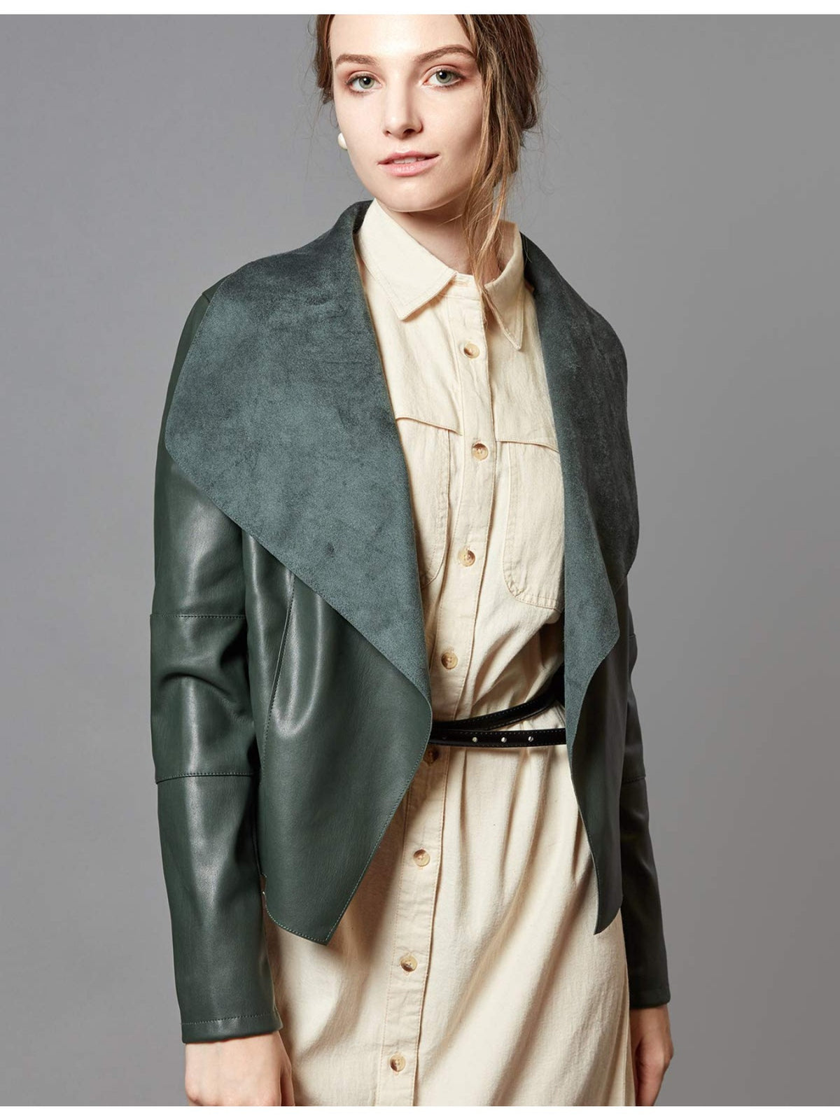 Slim Fit Faux Leather Blazer Women Open Front Lapel Jacket Coat Light Blue Chocolate Khaki Black Olive Green S-XL