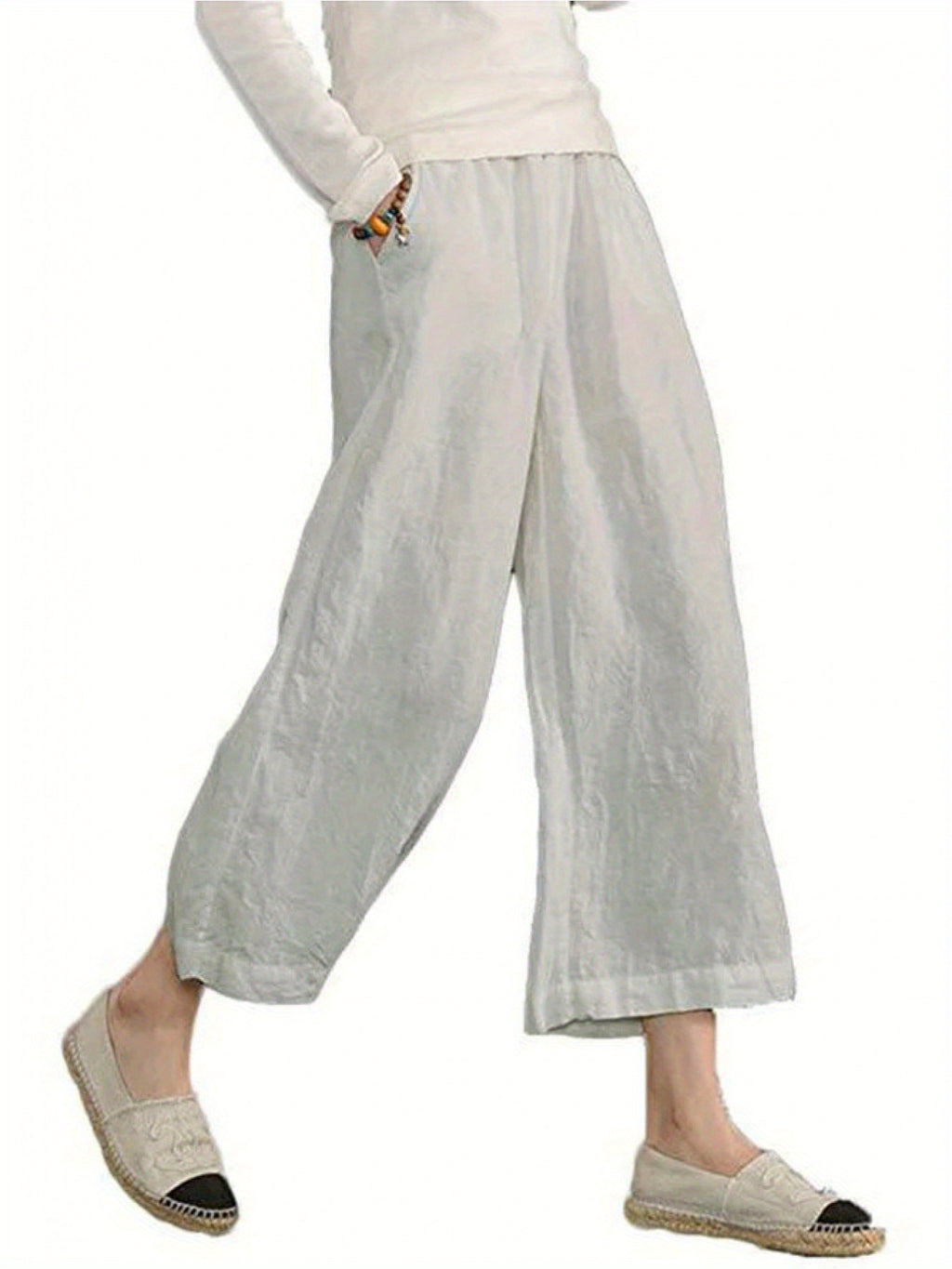 Wide Leg Pants Women 9/10 Length Solid Color Loose Casual Cropped Trousers Smooth Non-Sheer Fabric Versatile Everyday