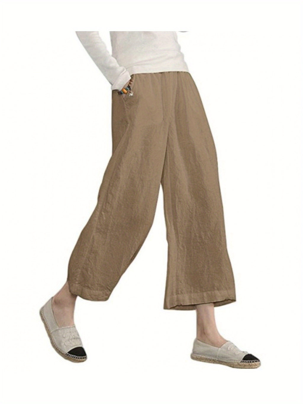 Wide Leg Pants Women 9/10 Length Solid Color Loose Casual Cropped Trousers Smooth Non-Sheer Fabric Versatile Everyday