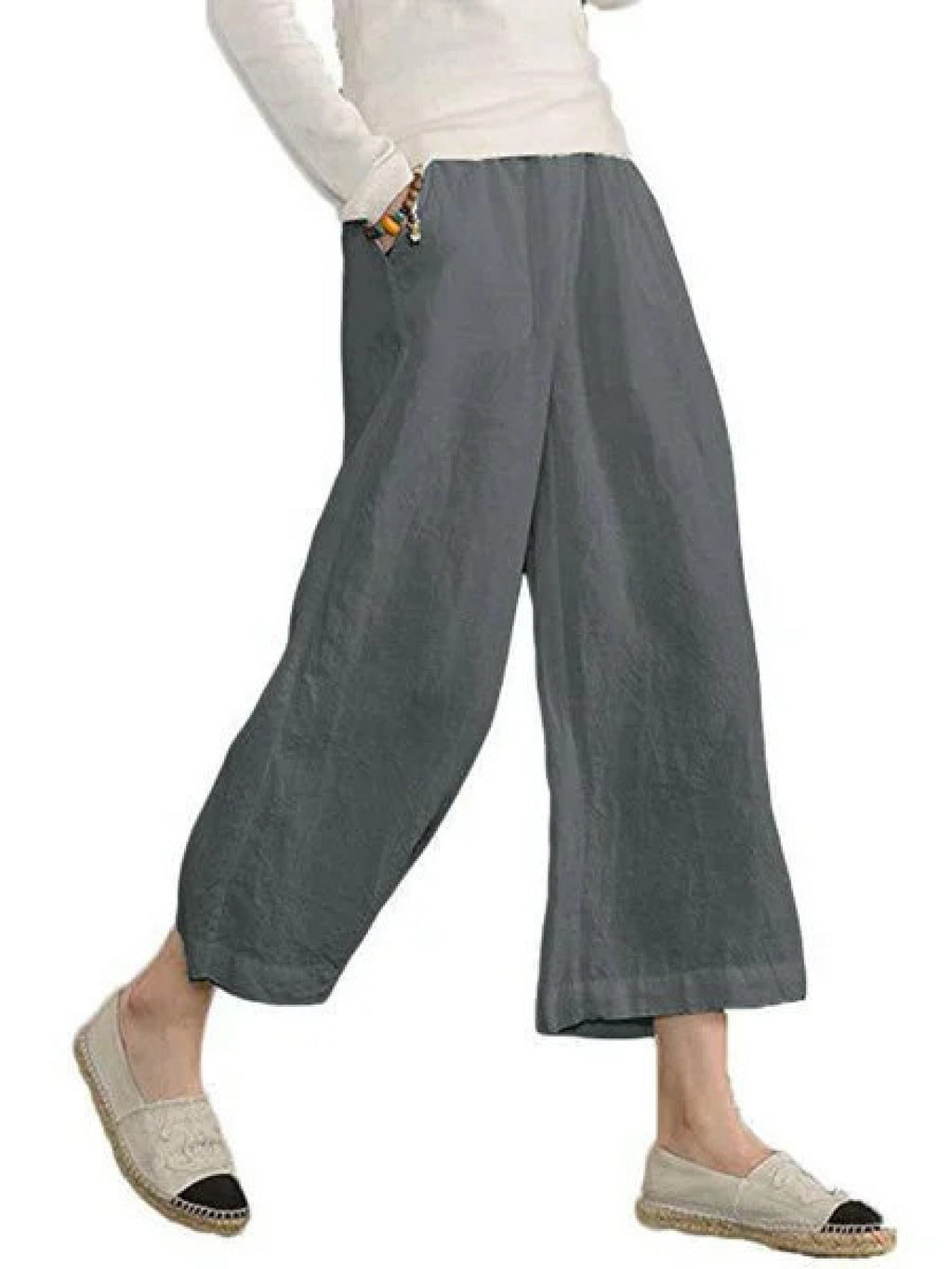 Wide Leg Pants Women 9/10 Length Solid Color Loose Casual Cropped Trousers Smooth Non-Sheer Fabric Versatile Everyday