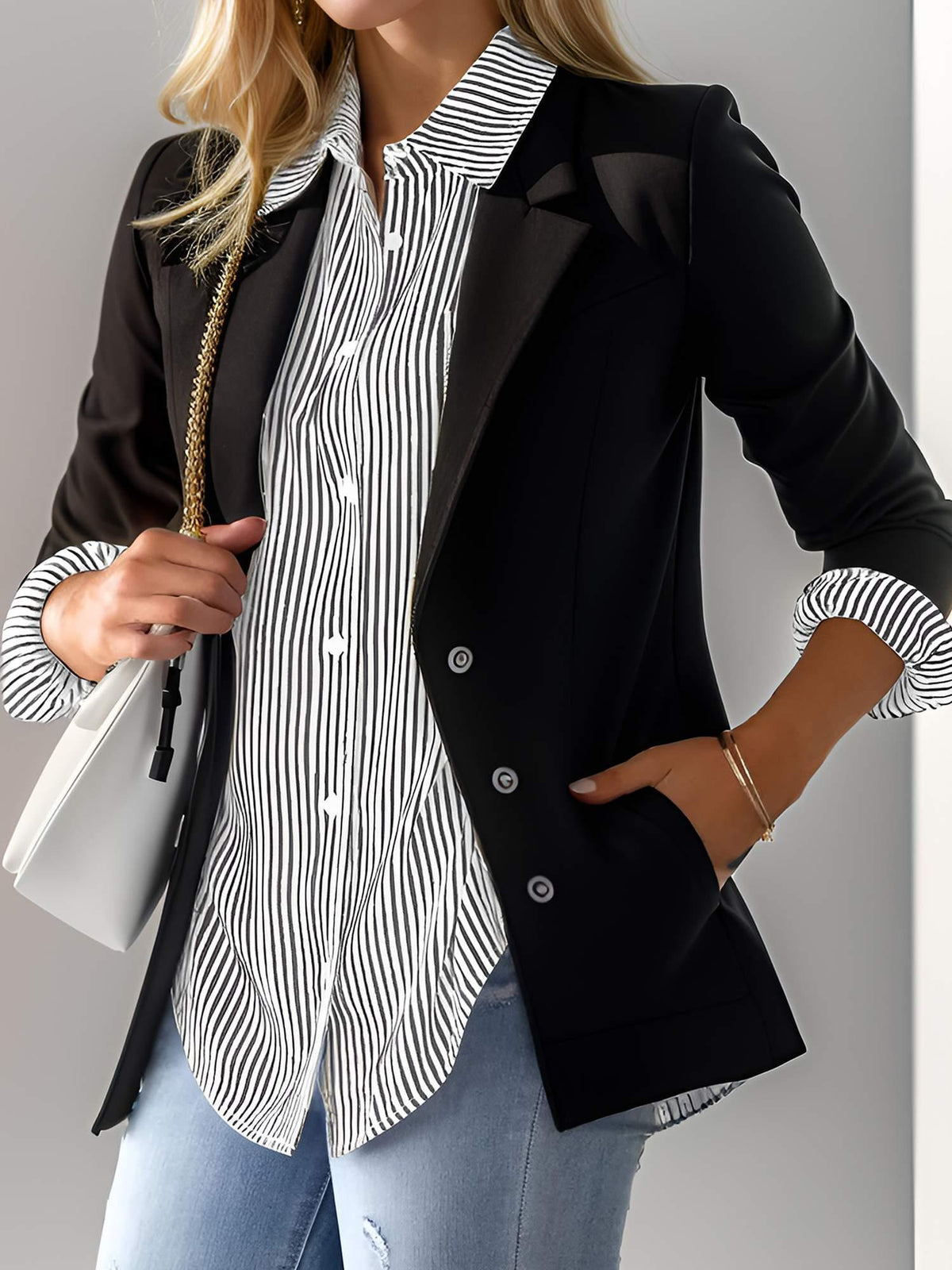 Striped Lapel Shirt Women Long Sleeve Multi-Color Office Work Blouse Chest Pocket Smart Casual Button-Up Professional Top