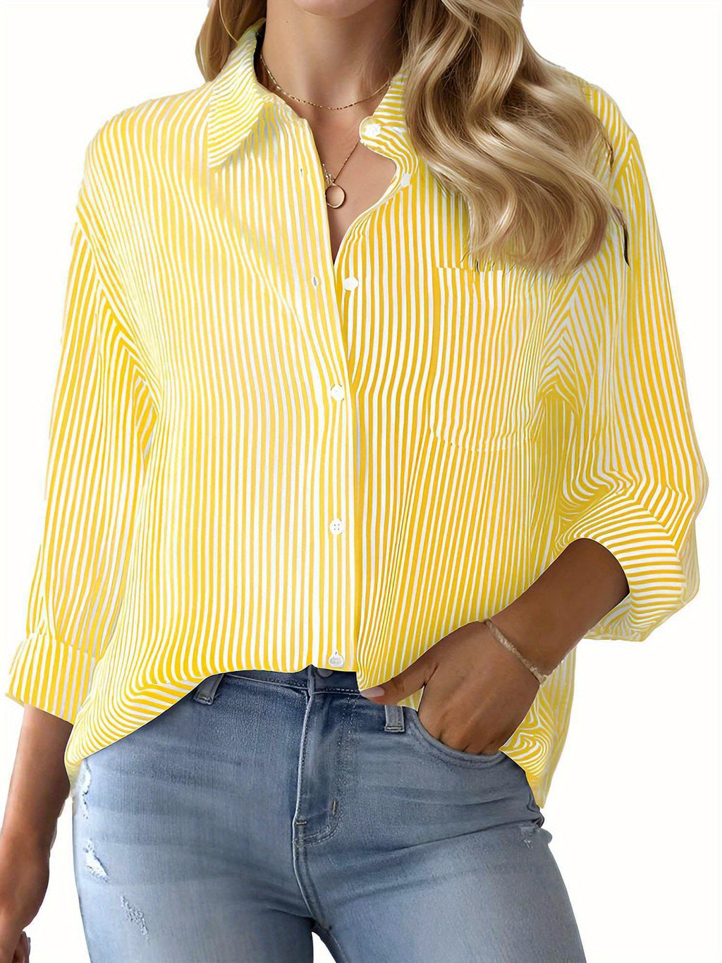 Striped Lapel Shirt Women Long Sleeve Multi-Color Office Work Blouse Chest Pocket Smart Casual Button-Up Professional Top