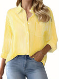 Striped Lapel Shirt Women Long Sleeve Multi-Color Office Work Blouse Chest Pocket Smart Casual Button-Up Professional Top